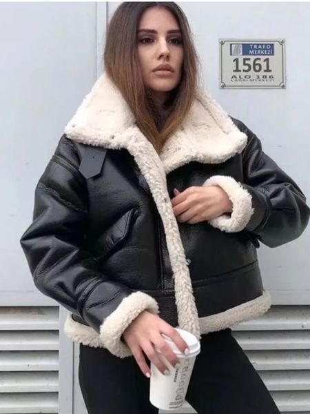 

women's jackets winter women streetwear faux lamb leather fur lapel crop jacket autumn female moto biker thick warm sheepskin outwear c, Black;brown