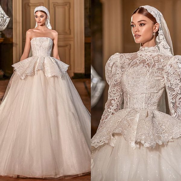 

elegant lace wedding dresses strapless puffy wedding dress shiny tulle country bridal gowns with cape, White