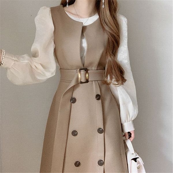 

casual dresses korean chic office lady elegant tank dress o-neck double breasted sleeveless robe spring belt slim wasit vestidos mujer 23022, Black;gray