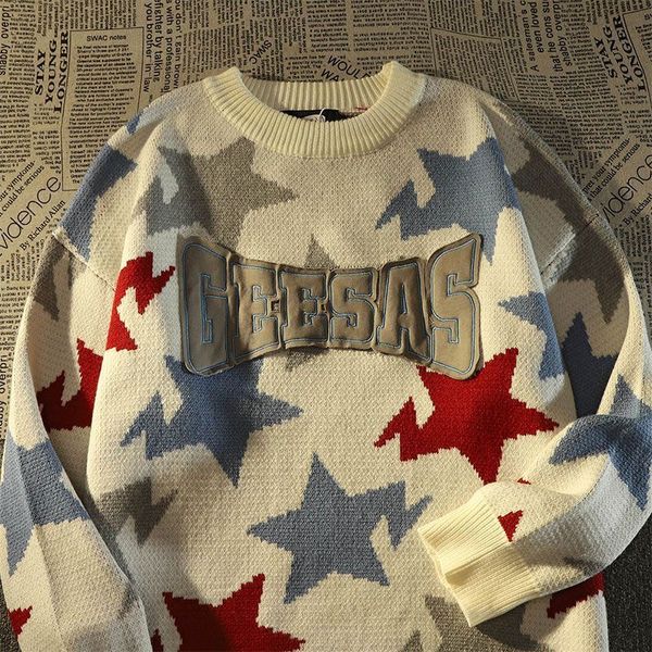 

men s sweaters vintage american y2k star patch loose harajuku fried street oversize knitwear women s winter clothes 230221, White;black