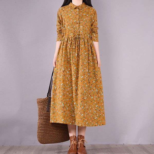 

casual dresses long sleeve autumn dress print floral draw string slim vintage office lady work blouse dress women casual spring dress 230222, Black;gray
