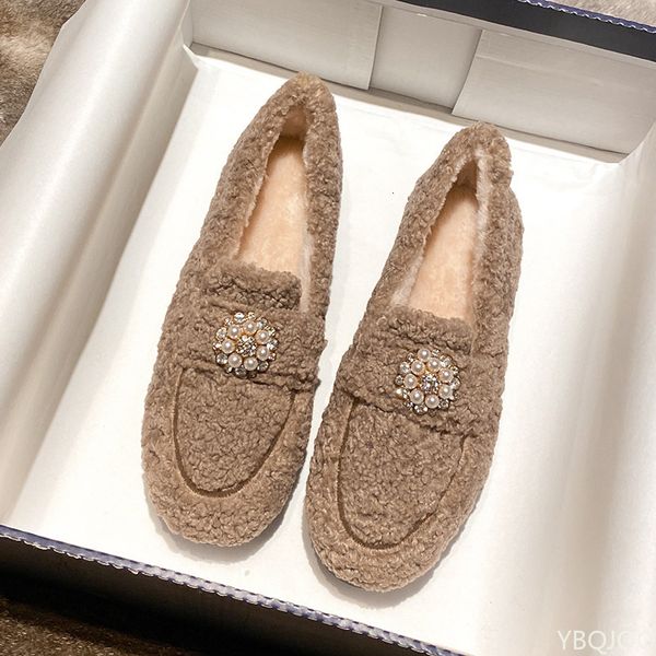 

dress shoes winter lamb wool keep warm women's shoes pearl flowers slip-on loafers solid color fluffy flat women casual shoes 230221, Black