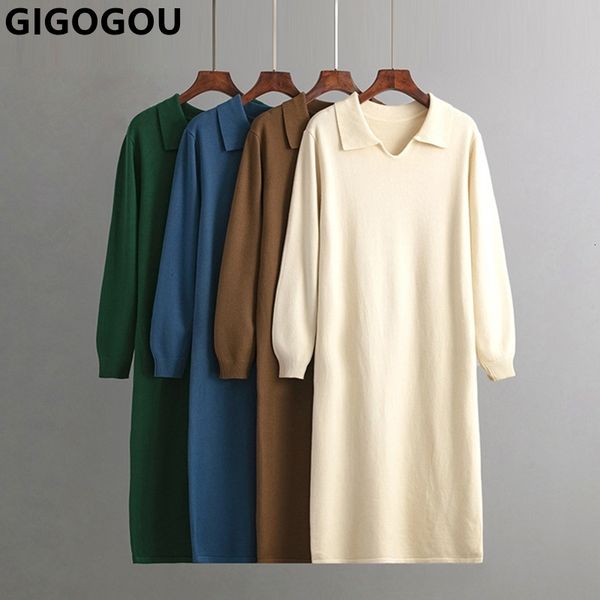 

casual dresses gigogou elegant long women autumn winter sweater dress oversized polo neckcasual dresses fashion loose female knit dress 2302, Black;gray