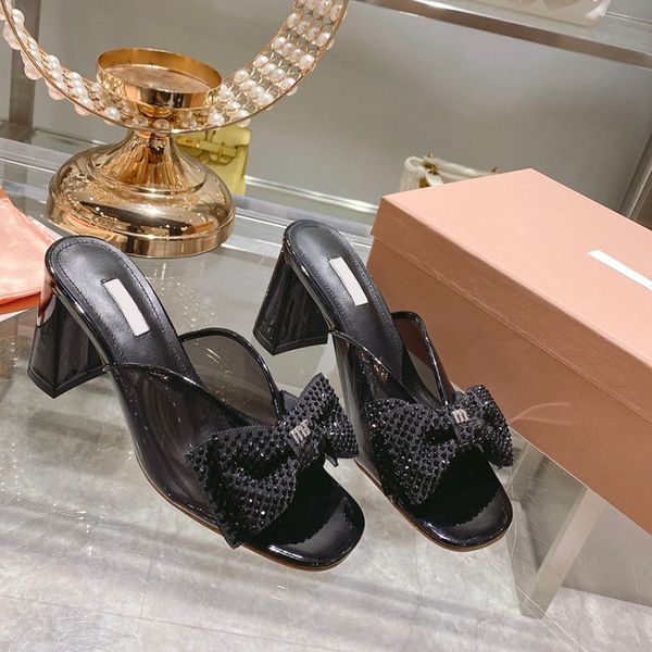 

designer womens sandals transparent with bowknot chunky heel height 7.5cm slippers round toes classic black full strass slip-on slingbacks l