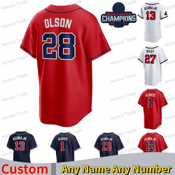 

custom ronald acuna jr. ozzie albies jersey sanders 23 harris ii austin riley dansby swanson 28 olson max fried hank h.aaron white red navy, Blue;black