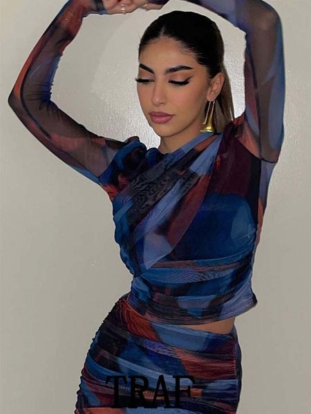 

two piece dress traf woman 2 pieces sets fashion tulle printed blouse slim high waist aline long skirt autumn elegant casual 230222, White