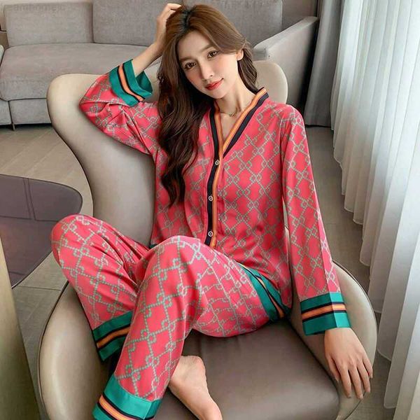 

light luxury geometric stain pajamas set women spring autumn long sleeve singer breast elegant silk home suit for women outfit 0222
