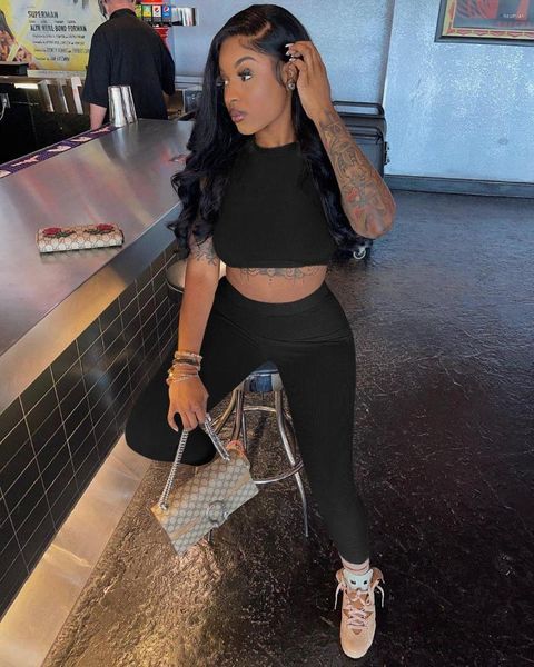 

women's two piece pants 2023 luxury designe young high street suitable round neck tank sleeve long pencil slkinny women 2 set, White