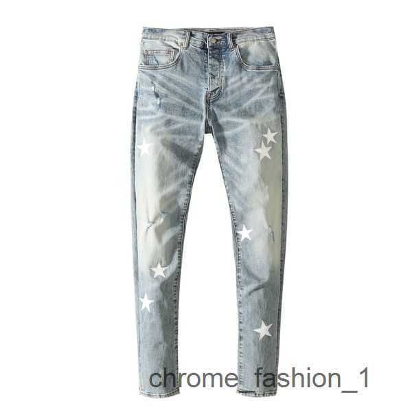 

55o0 designer jeans amira fashion star pierced men's slim fit thin leggings denim cotton vedn pleated wrinkled knee patch ripped am lei, Blue