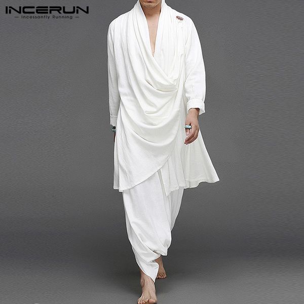 

men s tracksuits incerun solid color men sets cotton streetwear turtleneck long sleeve irregular cloak coats drop crotch pants vintage mens, Gray
