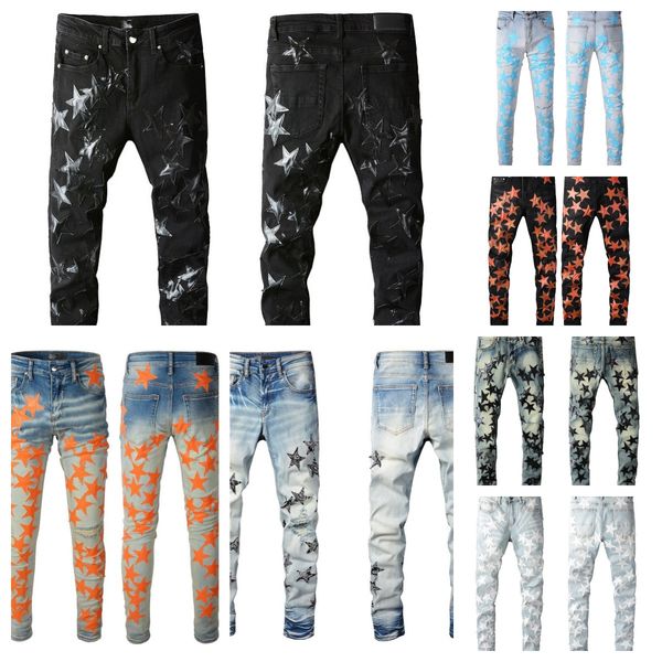 

new mens jeans for guys rip slim fit skinny man pants orange star patches wearing biker denim stretch cult stretch motorcycle trendy long st, Blue