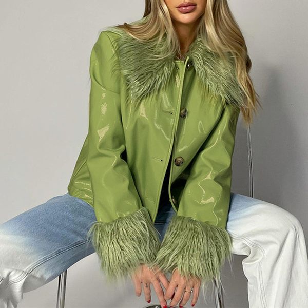 

women's jackets winter pu leather cropped jacket black with fur faux longsleeved singlebreasted fashion y2k brown casual coat 230222, Black;brown