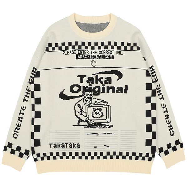 

men's sweaters men's oversized pattern sweater fashion loose trend american retro round neck winter jacquard knit sweater women&#0, White;black