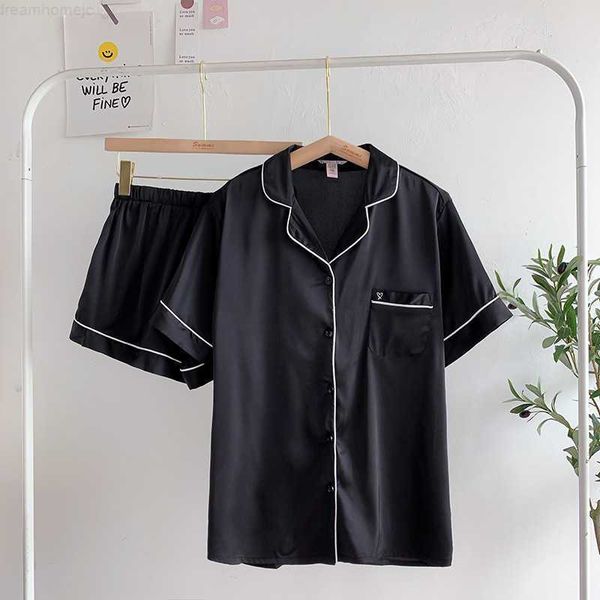 

solid satin silk pajamas for women summer 2 pieces sets short sleeve sleepwear loungewear 2021 fashion pjs 0222
