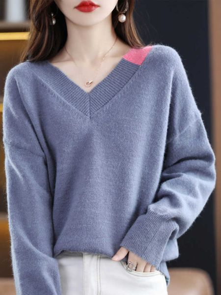 

v-neck pullover sweater woman winter 2022 long sleeve korean fashion new in thick sweaters contrast color oversized 230222, White;black