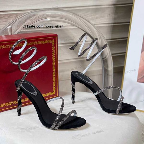 

stiletto heel sandals rene caovilla for womens shoe cleo crystal studded snake strass shoes luxury designers ankle wraparound fashion k80n, Black
