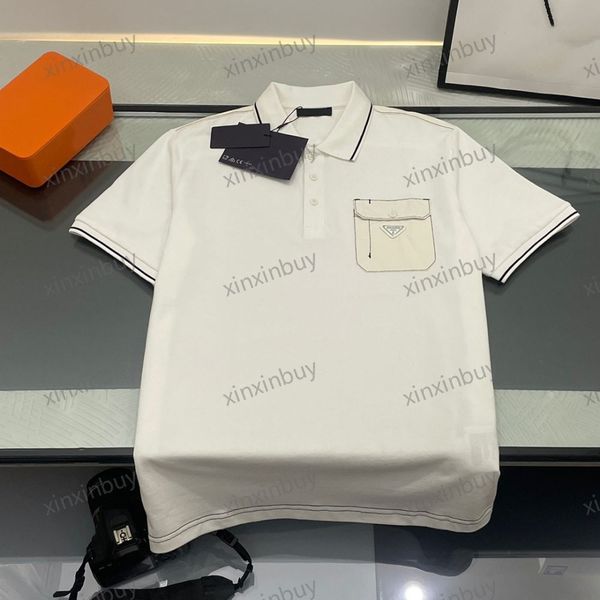 

xinxinbuy men designer tee t shirt 23ss milan nylon metal triangle label short sleeve cotton women white black s-3xl, Black;brown