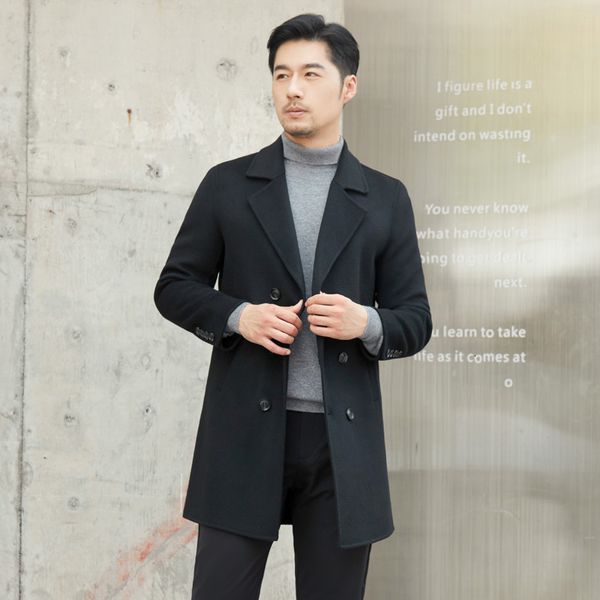 

men's wool blends winter 2023 100 reversible coat thickened warm business leisure luxury gentleman's mid long windbreaker delivery, Black