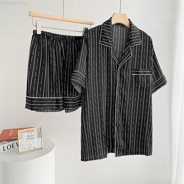 

2 pieces set lovers couple pajamas for woman man striped short summer pjamas ladies satin silk lounge wear home suit 2022 0222