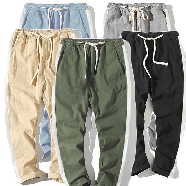 

men's pants summer white stripes casual cotton and linen ninepoint harem youth drawstring 230221, Black