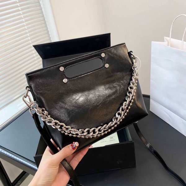 

designer bag oil wax leather silver double chain mini hobo tote clutch purse detachable strap