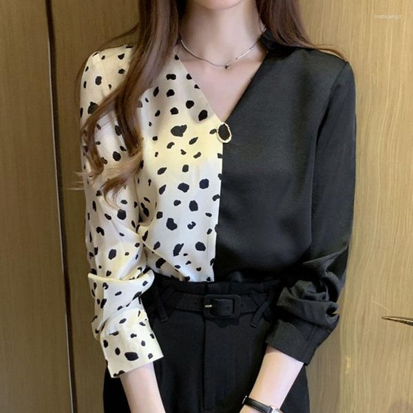 

women's blouses autumn ladies 2023 chiffon long sleeve blouse v-neck beading leopard casual shirts pullover, White