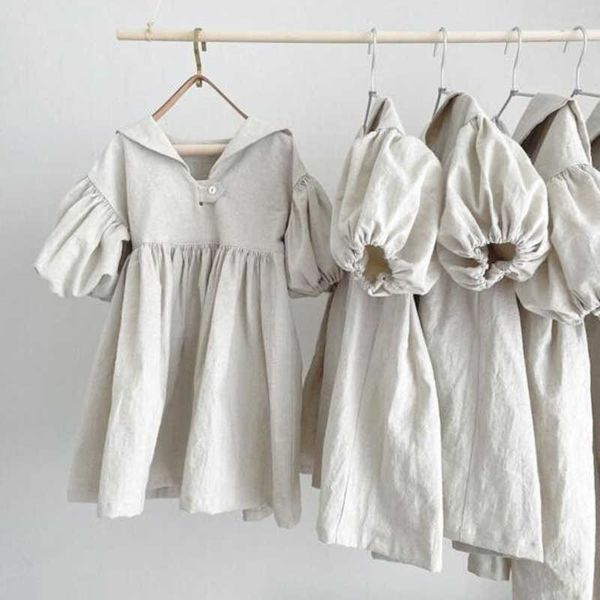 

girl's dresses kids clothes girls dresses spring summer puff sleeve sailor collar dress for babies solid cotton linen young children&#0, Red;yellow