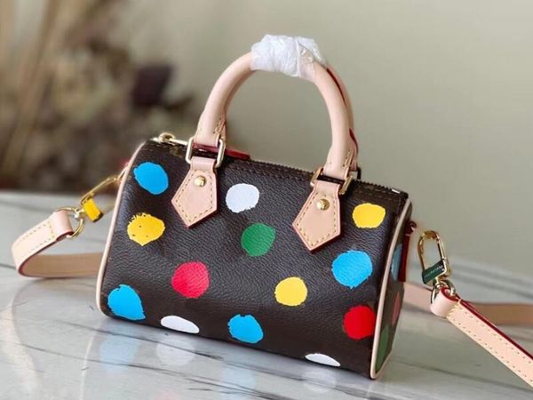 

realfine bags 5a m81979 x yk nano speedy 16cm momogran canvas 3d painted dots print shoulder handbags purses for women with dust bag