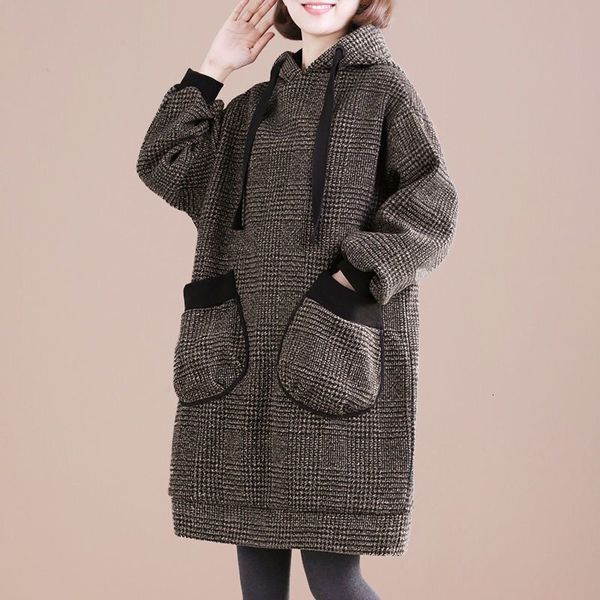 

women's hoodies sweatshirts winter loose large size plus velvet padded sweatshirt dress midlength retro hooded woolen tunic jacket casu, Black