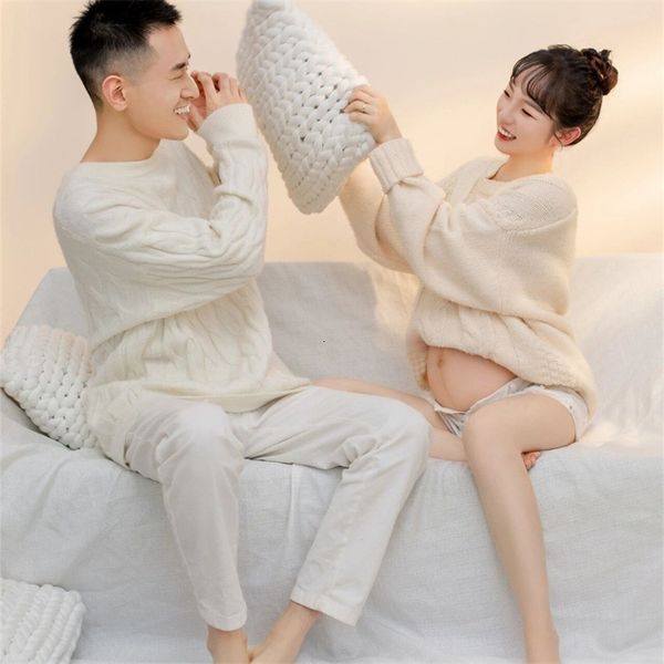 

sleep lounge 2pc pography props to pregant sweater shorts men couple familypregnancy clothes studio shoots po 230223, White