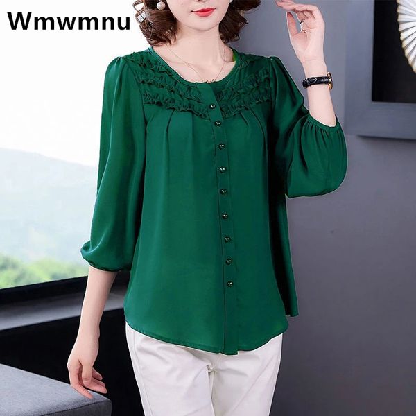 

women's blouses shirts oversized 6xl o-neck chiffon green blouse women nine quarter sleeve loose solid shirts summer spring camisas fo, White