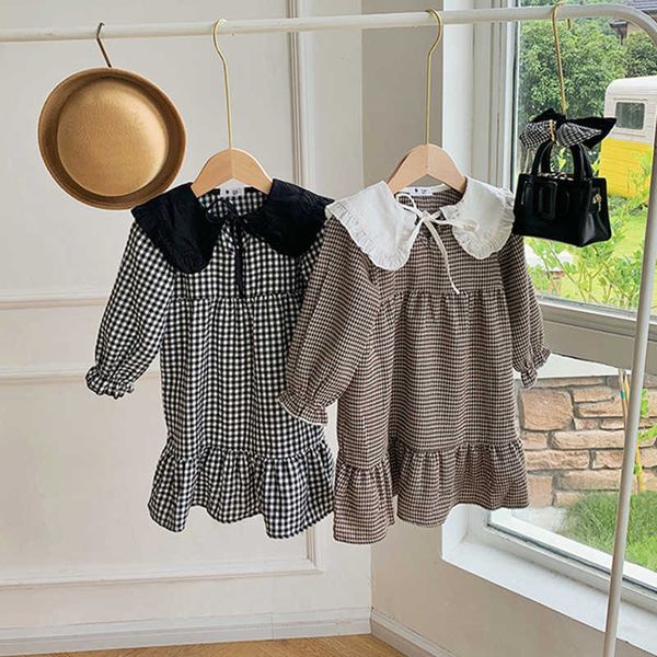 

girl's dresses 2023 spring girls turndown collar plaid dress children's clothing kids cotton long style princess dress z0223, Red;yellow