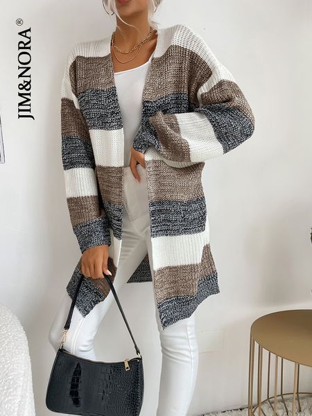 

women's knits tees jim nora women long sleeve patchwork soild colour long knit coat sweater cardigan loose autumn outdoor warm cardigan, White
