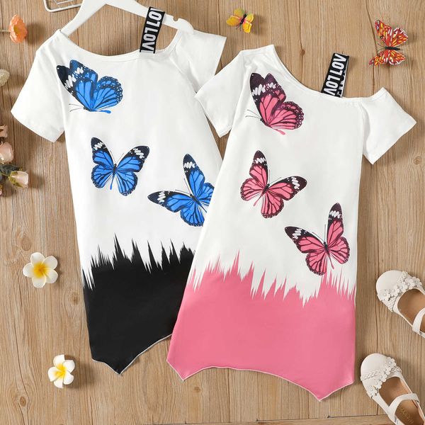 

girl's dresses kid girl butterfly print colorblock irregular hem shortsleeve dress z0223, Red;yellow