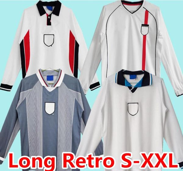 

1996 long englans retro soccer jerseys 1998 2002 shearer beckham gerrard scholes owen heskey 96 98 gascoigne vintage classic football, White;black