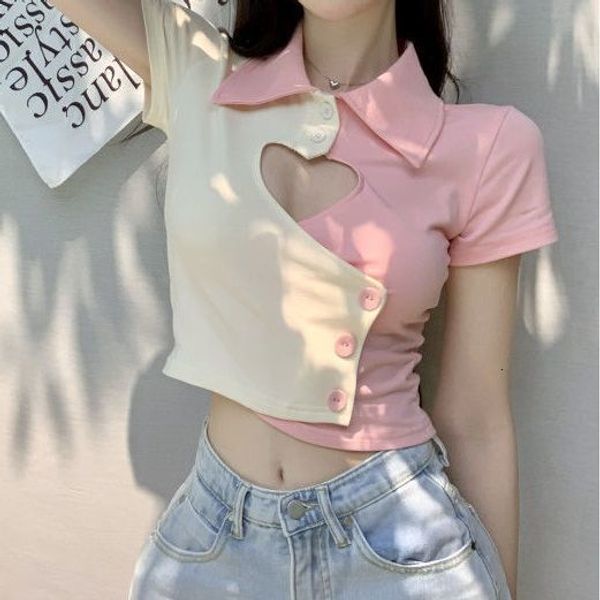 

women's blouses shirts summer contrasting colors tshirt short sleeves lapels heart cutout button clre crop y2k clothes 230223, White
