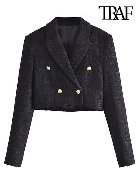 

women's suits blazers traf women fashion tweed cropped blazer coat vintage long sleeve front buttons female outerwear chic veste femme, White;black