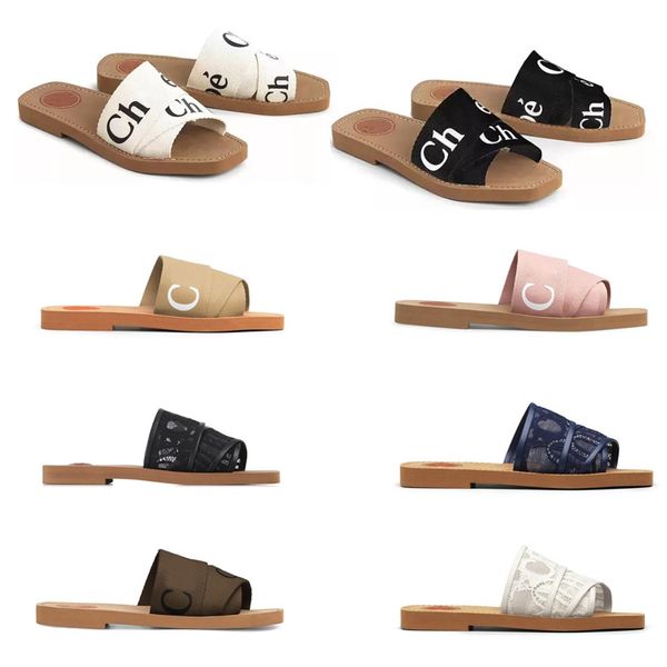 

2023 luxury slippers designer women woody flat mules sandals slides sail canvas white black women outdoor beach slipper shoes