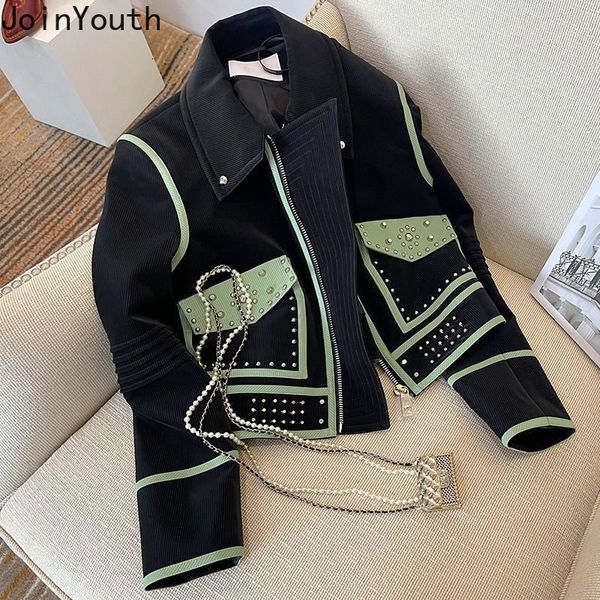 

womens jackets coat women temperament ladies patchwork beading pocket outwear y2k fashion korean casual short jacket ropa mujer 230223, Black;brown