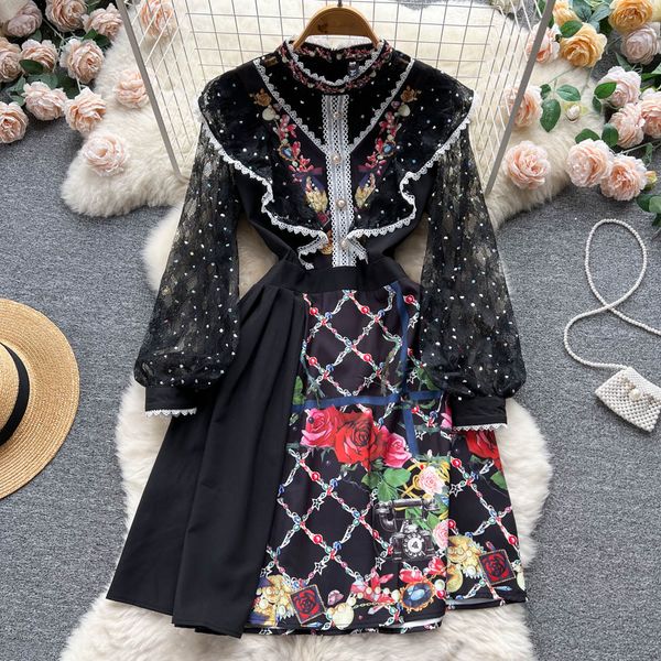 

spring new dress european and american ins court style heavy work nail bead mesh splicing stand collar long-sleeve vintage print dress, Black;gray