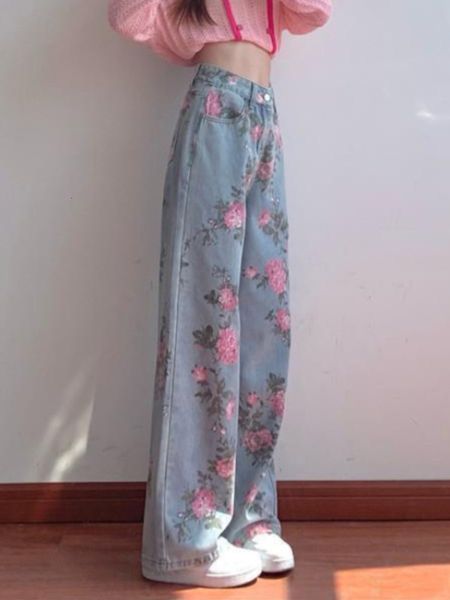 

women's jeans fashion elegant for women flower print high waist pockets pantalones de mujer spring autumn casual loose all match pants, Blue