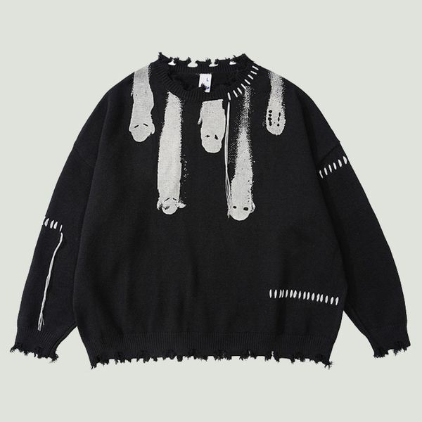 

men's tshirts hip hop knitted sweaters men harajuku vintage hole ghost graphic jumpers streetwear punk casual oversized oneck pullover, White;black
