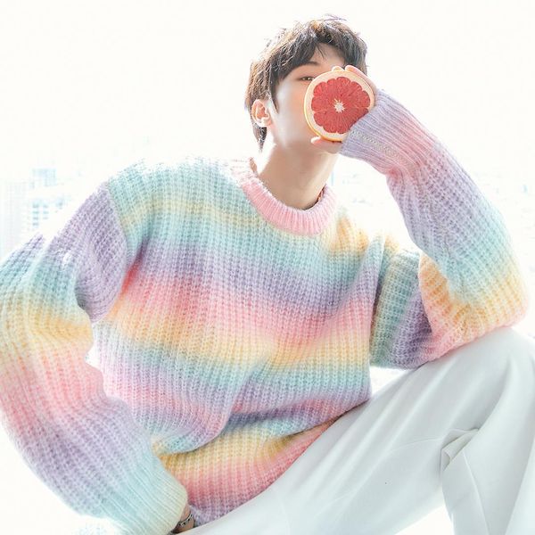 

men's tshirts gradient tie dye round neck loose sweater knit autumn rainbow striped casual long sleeve 230223, White;black