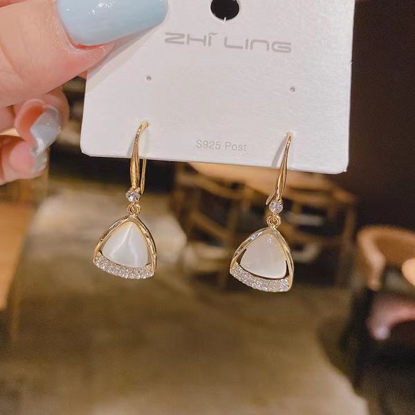 

south korea's new triangle opal earrings women's net red fashion ol selling design sense diamond earrings s925 silver needle, Golden