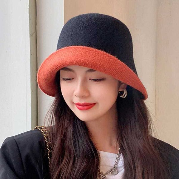 

wide brim hats winter bucket hat for women new multifunctional double-sided solid knitted woolen fisherman hats warm leisure basin cap l2302, Blue;gray