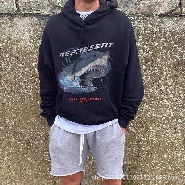 

2023 men's and women's hoodies fashion western european brand designer represne great white shark print casual loose with plush, Black