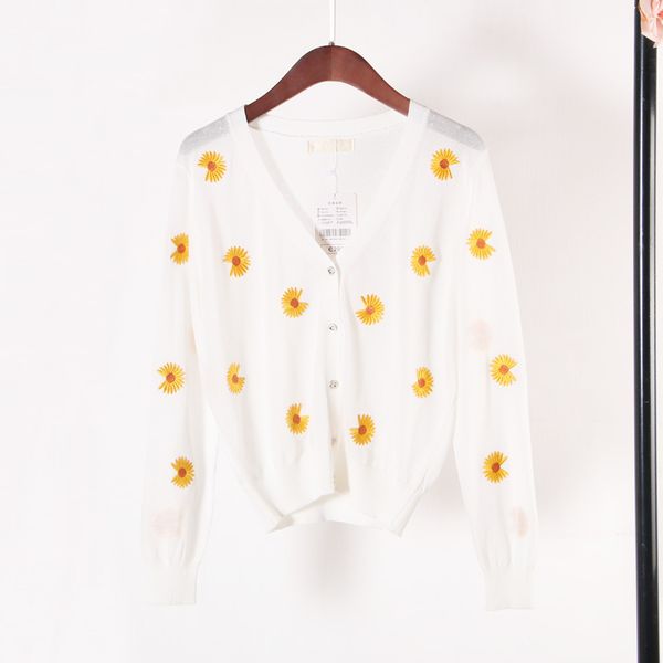 

women's polos spring and autumn urban life printed picture sense crewneck knitted cardigan fit slimming, White