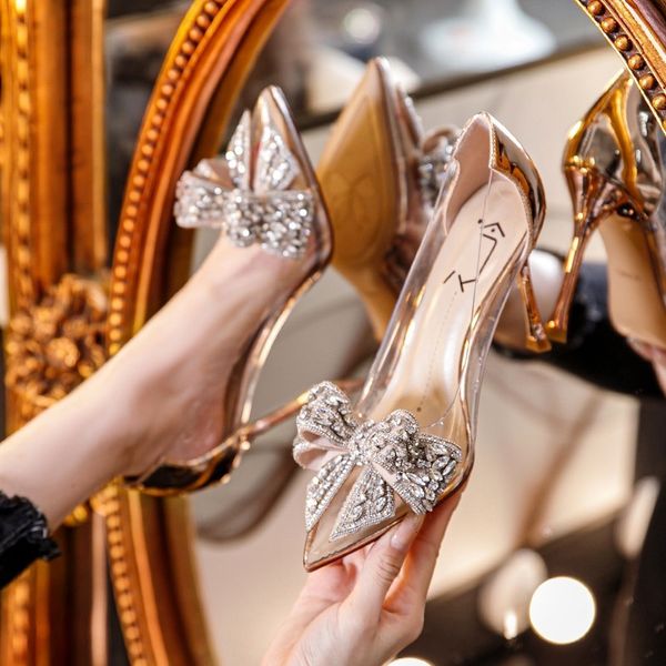 

sandals summer pointed crystal fairy ladies wind butterfly knot transparent high heel women fashion shoes 230223, Black