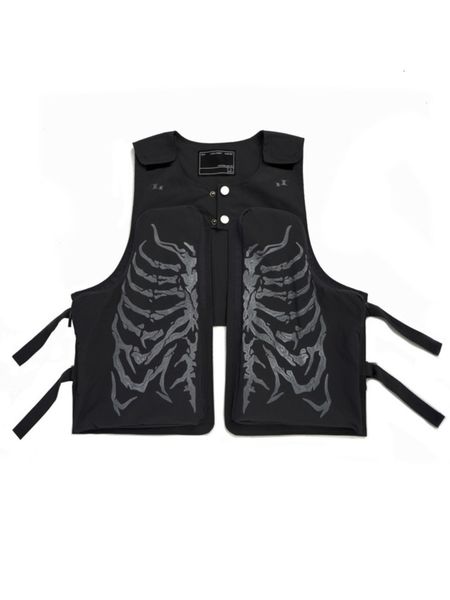 

men's vests pfnw skeleton graphic print vest jacket hihg street dark style streetwear autumn pocket patchwork techwear male waistcoat 2, Black;white