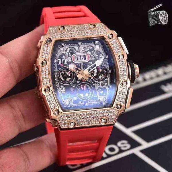 

luxury mens mechanics watch richa wristwatch red rubber men sapphire automatic mechanical rose gold full iced diamonds tourbillion 1, Black;brown
